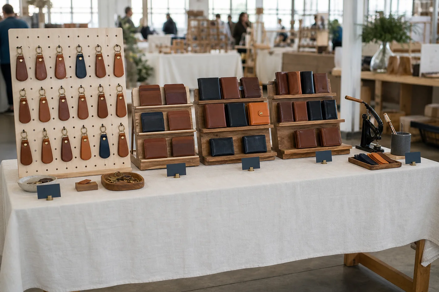 Example market table with leather goods arranged on tiered displays