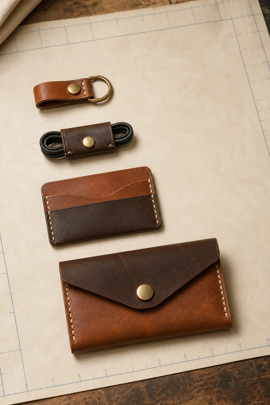 Leather key fobs, card sleeve and envelope-style pouch arranged on paper