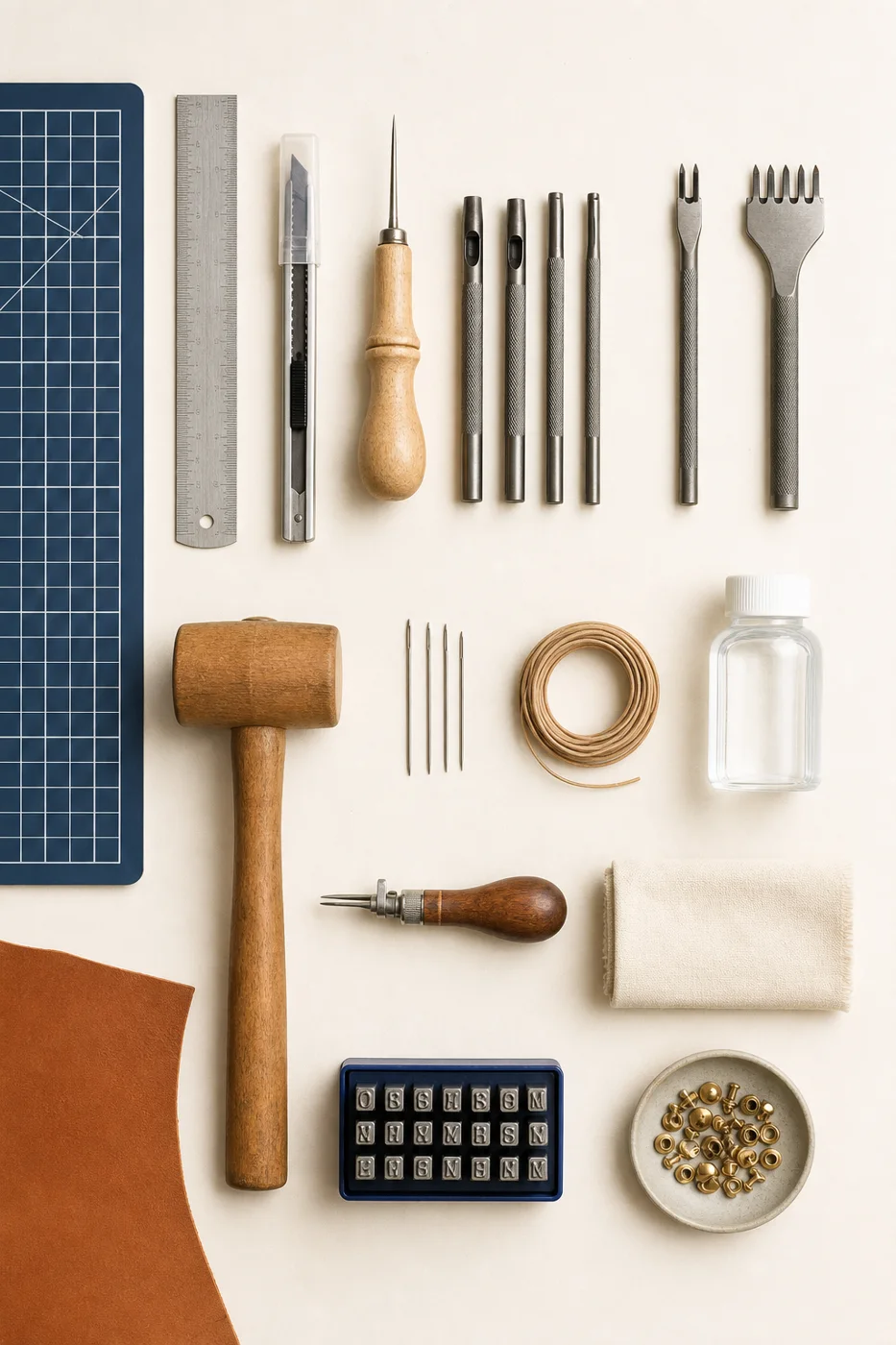 Leatherworking tools, thread, hardware and leather laid out on a workbench