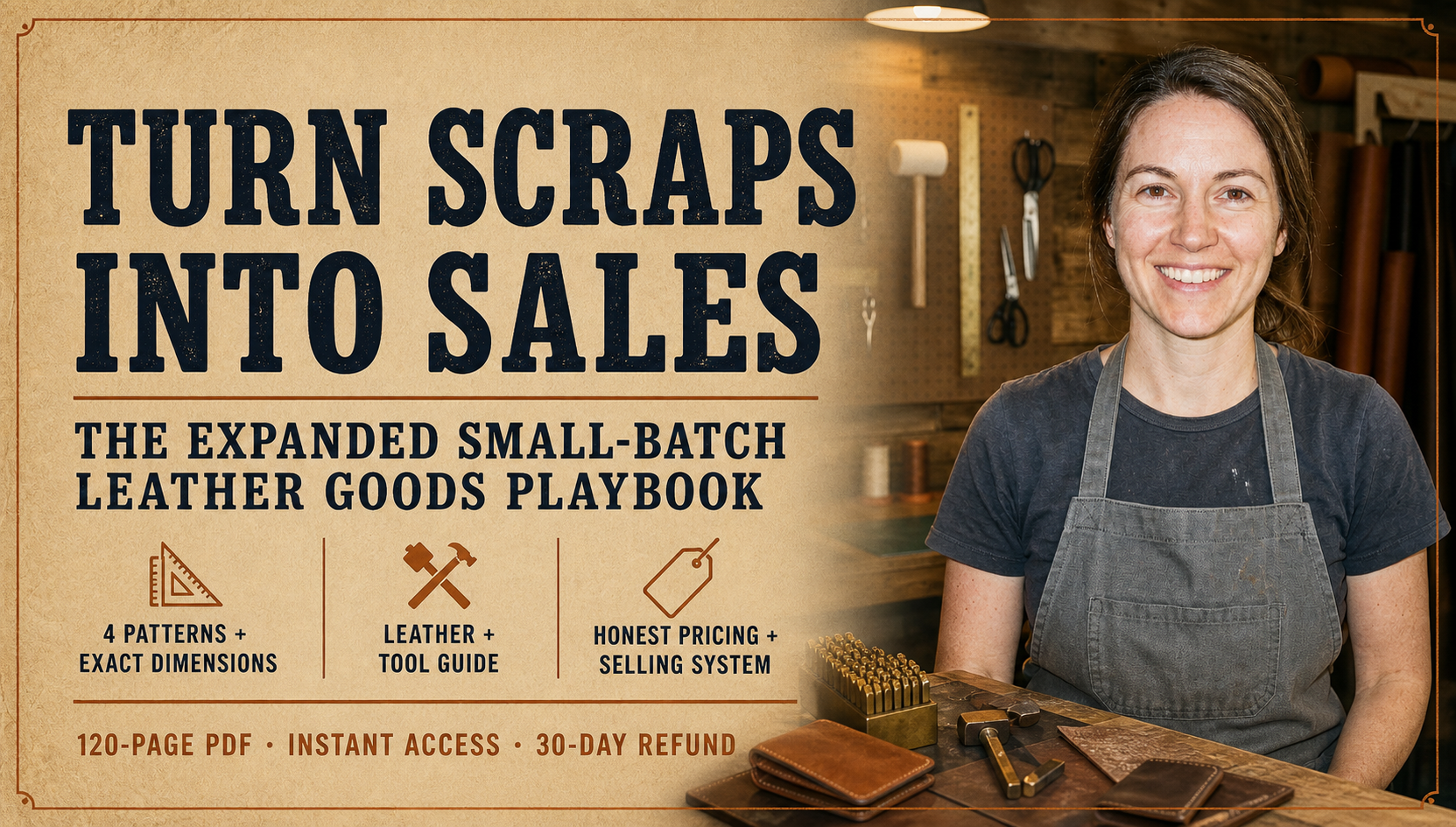 Hannah at the leatherworking bench